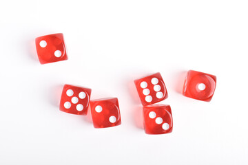 Red dices isolated on white background, top view