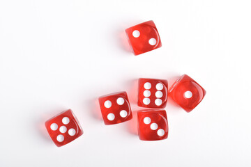 Red dices isolated on white background, top view