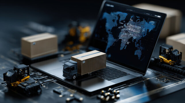 Logistics technology concept with miniature trucks and forklifts on laptop keyboard showing global map and data visualization - Powered by Adobe