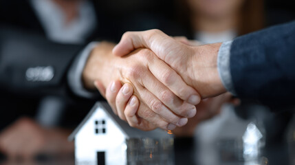 Handshake agreement with house model and coins symbolizing real estate deal and trust