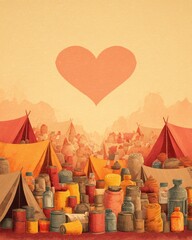 Heartfelt refugee camp scene with tents and supplies under heart-shaped sky,World Humanitarian Day