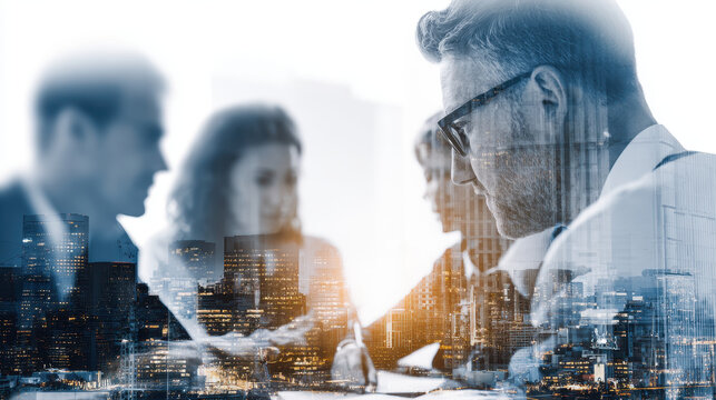 Business team working together with cityscape overlay, showing focused collaboration and professional atmosphere