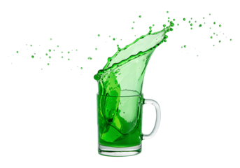 Green liquid splashing from transparent glass mug on transparent background