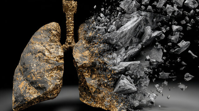 Lung stone sculpture breaking apart with gold texture and dark background symbolizing fragility and decay