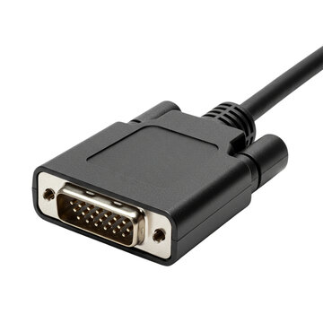 Close-up of a DVI connector with a black cable on a dark background. The connector features multiple pins and a sturdy design for video transmission.