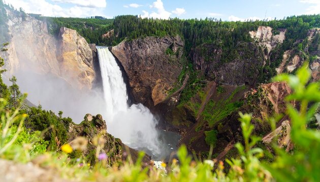 A waterfall plunging into a deep canyon, mist rising in shifting patterns