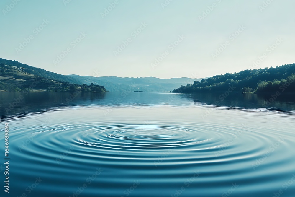 Poster wide shimmering lake with ripples in the breeze and soft hills fading in the background