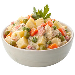Delicious olivier salad with fresh parsley garnish isolated on transparent background