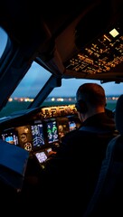 Airplane Pilot in the Cockpit at Night Experiencing Flight Taking Off Into the Dark Sky with Glowing Lights Beyond the Windshield