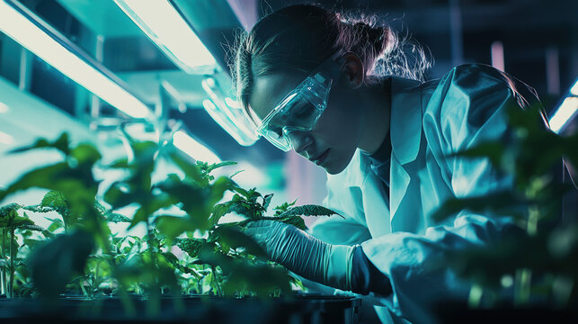 A scientist working in a lab garden, face on camera surrounded by futuristic plants and glowing equipment. - Powered by Adobe