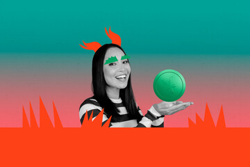 Creative banner full art collage of happy cunning devil girl hold yuan coin bankruptcy problem...