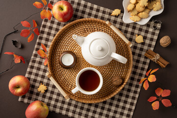 Autumn-inspired setup featuring tea, a wicker tray, cookies, and apples, with vibrant seasonal leaves © ActionGP