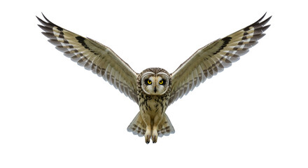 Obraz premium Majestic owl in powerful mid-flight, razor-sharp feathers, piercing yellow eyes, high-key minimalist studio with soft graduated background, corporate concept of agile leadership