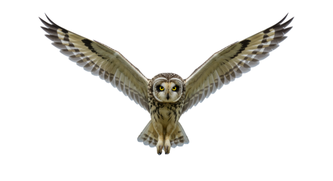Majestic owl in powerful mid-flight, razor-sharp feathers, piercing yellow eyes, high-key minimalist studio with soft graduated background, corporate concept of agile leadership