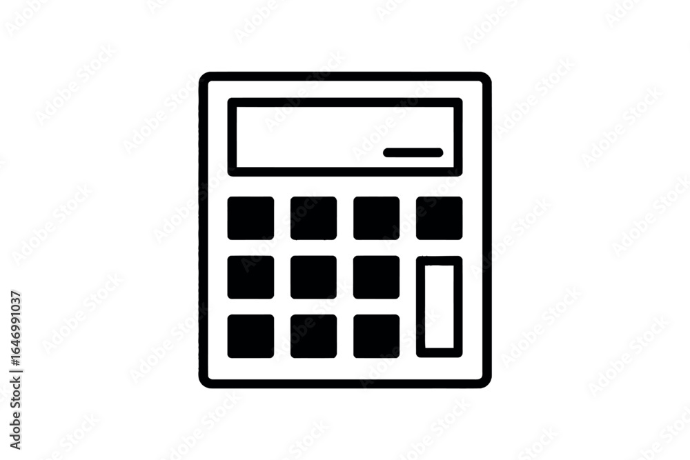Poster a minimalistic black and white illustration of a calculator with a display and square buttons