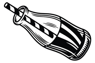 Monochrome Drink Glass Bottle with Straw, Style on white background