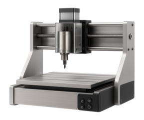 Desktop CNC engraving machine with a rigid aluminum frame and spindle motor for intricate designs in a prototyping lab
