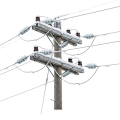electric pole with power lines, high detail utility infrastructure, realistic metal texture and insulator components isolated on transparent background PNG