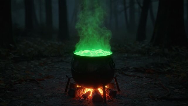 A mysterious cauldron simmers with vibrant green liquid in a shadowy forest, casting an enchanting glow through the misty atmosphere, suggesting magic or potion-making.