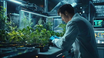A scientist working in a lab garden, face on camera surrounded by futuristic plants and glowing equipment.