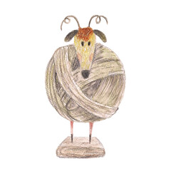 Brown statuette lamb ball traditional wool yarn of Iceland on wooden stand. Watercolor isolated white illustration. For fashion and travel magazines, design map, greeting cards, banners clip art