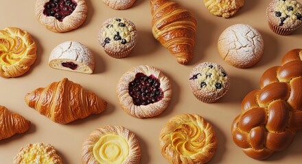 A variety of pastries including croissants, muffins, and fruit filled danishes on a beige background