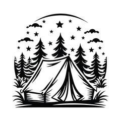 Tent Amidst Pine Trees with Stars and Clouds in Silhouette on White Background