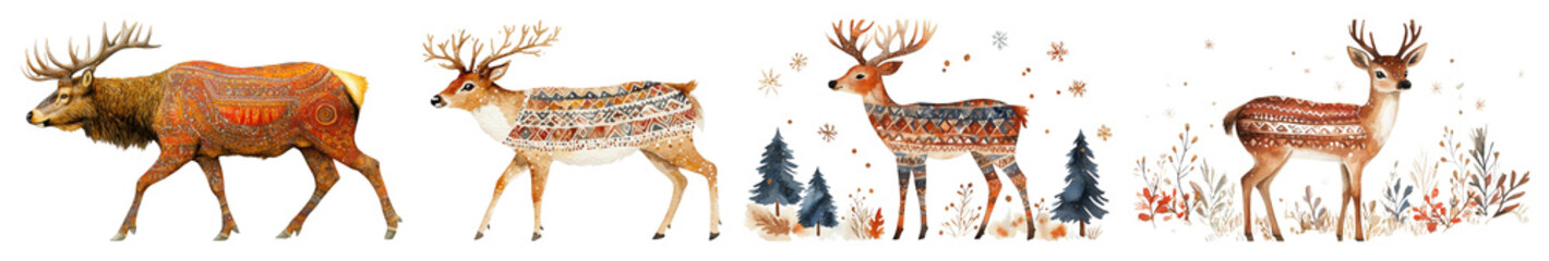 Naklejka premium Four deer with patterned blankets and decorative autumn foliage isolate