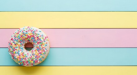 Sweet donut with colorful sprinkles on a pastel striped background