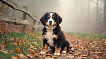 Bernese Mountain puppy in autumn park