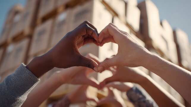 Unity and diversity concept with hands forming hearts in front of cardboard boxes,World Humanitarian Day