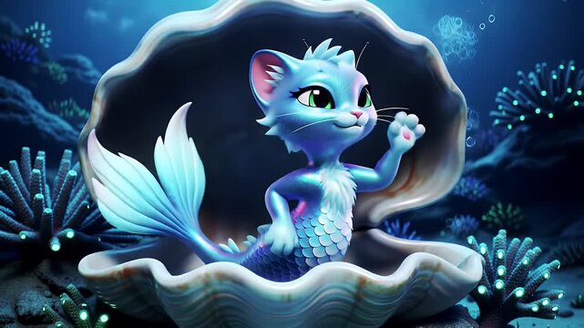 Cute Cat Mermaid in Seashell Undersea Fantasy Blue Ocean Illustration