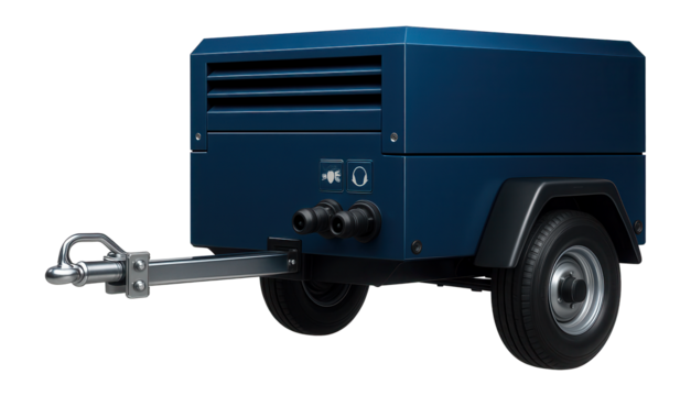 Portable diesel compressor with a foldable tow bar and corrosion-resistant paint for offshore drilling platforms.
