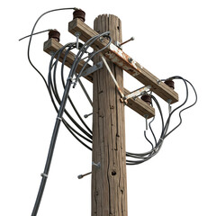 electric pole with power lines, high detail utility infrastructure, realistic metal texture and insulator components isolated on transparent background PNG