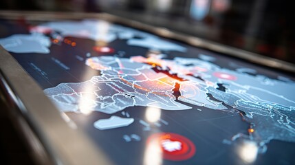 Interactive digital map display with highlighted global connections,World Humanitarian Day