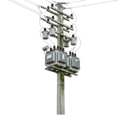 electric pole with power lines, high detail utility infrastructure, realistic metal texture and insulator components isolated on transparent background PNG