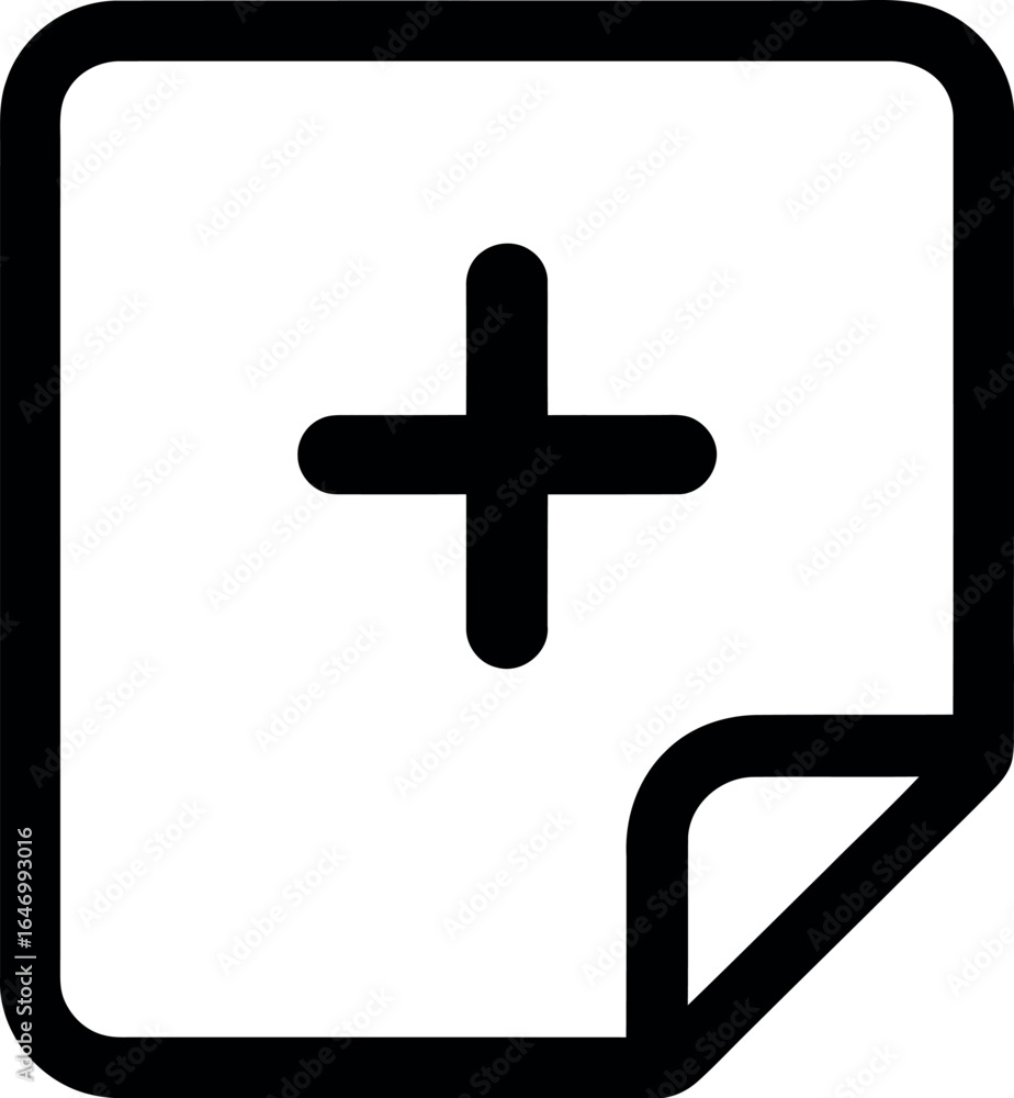 Poster a black and white icon of a document with a folded corner and a plus sign in the center of the docum