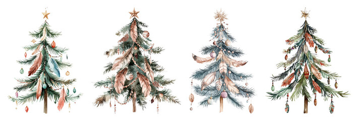 Four watercolor Christmas trees adorned with feathers and ornaments isolate