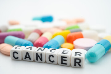 Cancer word with pills and capsules medical drug.