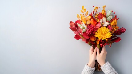 Vibrant Autumn Bouquet with Colorful Flowers and Foliage in Hand