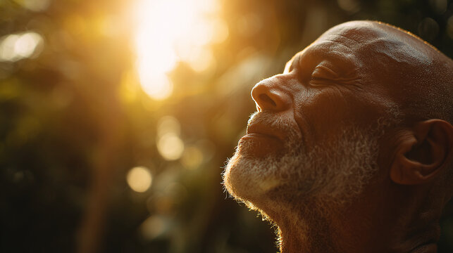 Contemplative Man in Sunlight: A close-up captures a man with closed eyes, bathed in warm sunlight against a blurred, natural background, symbolizing peace.