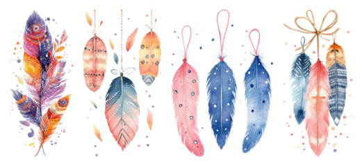 Collection of watercolor painted feathers various colors and patterns some hanging with speckles transparent background