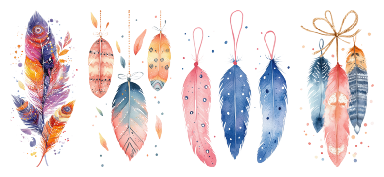 Collection of watercolor painted feathers various colors and patterns some hanging with speckles transparent background