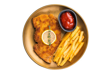 Weiner pork schnitzel steak, fried breaded fillet meat with french fry isolated on white background