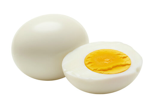 Hard boiled eggs cut in half showing yolk on transparent background for food nutrition concepts
