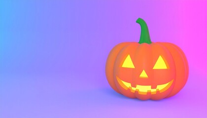 Fototapeta premium Halloween pumpkin on neon gradient background. 3D Rendering illustration