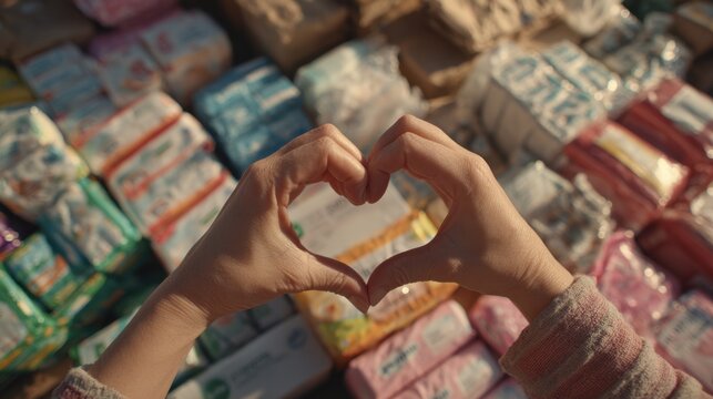 Hands forming heart shape with baby diapers in background for charity and kindness concept,World Humanitarian Day