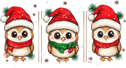 Three adorable cartoon owls wearing Santa hats and scarves with snowflakes transparent background