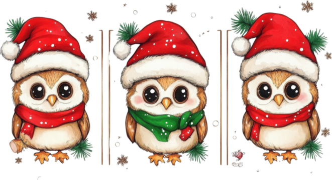 Three adorable cartoon owls wearing Santa hats and scarves with snowflakes transparent background