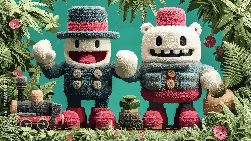 Poster two cartoon characters are standing next to each other, one of them is wearing a hat and the other i